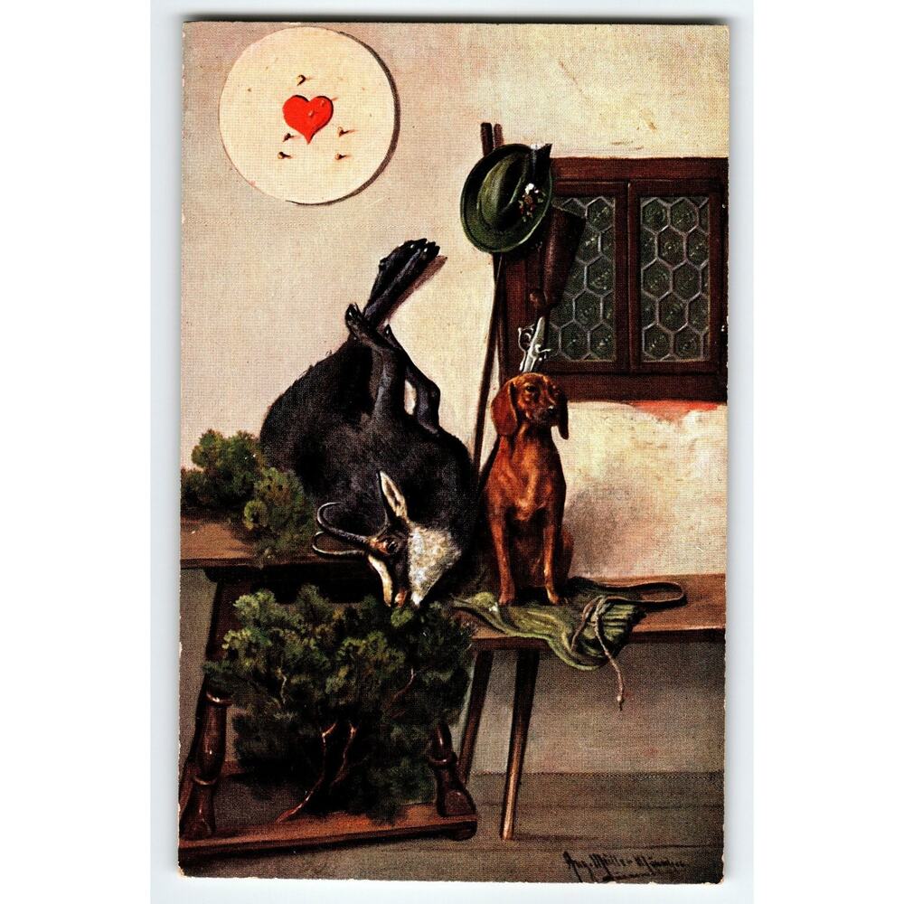 Signed Muller Artist Postcard with Hunting Scene and Dog, Original Art